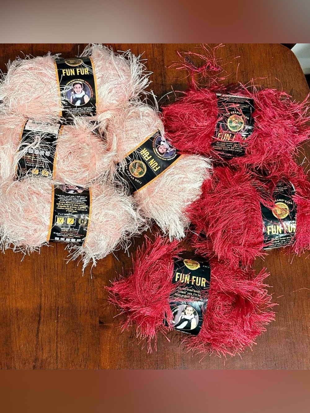 7 SKEIN DISCONTINUED LION BRAND FUN FUR YARN BUNDLE; “SOFT PINK” & “RASPBERRY”